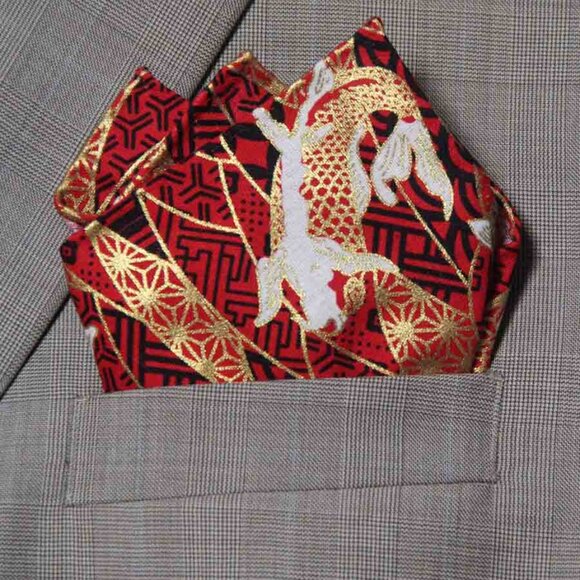 Gascoigne Hand Stitched Japanese Kimono Fabric Pocket Square Red Gold Black Fish - Picture 3 of 5